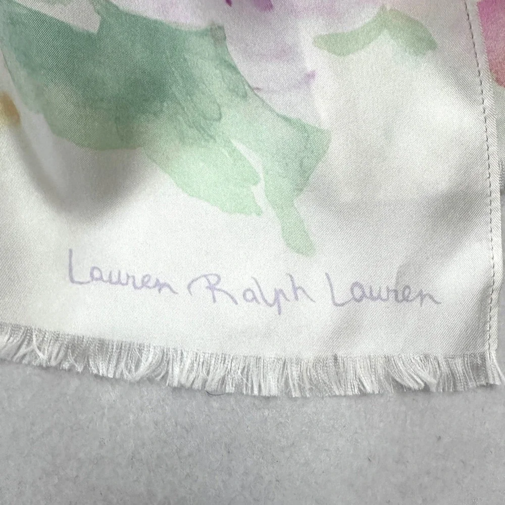 Vtg Ralph Lauren Silk Scarf 54x12 Watercolor Floral Purple Pink Cream Light Soft